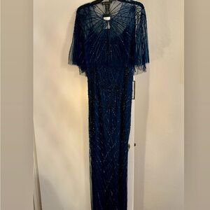 Elegant Adrianna Papell Navy Beaded Gown with Capelet